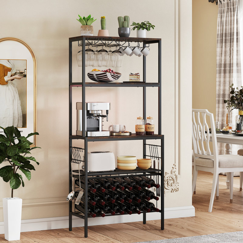 Wine Organizer Bar Multi-Tier Bakers Rack With Power Outlet-Brown