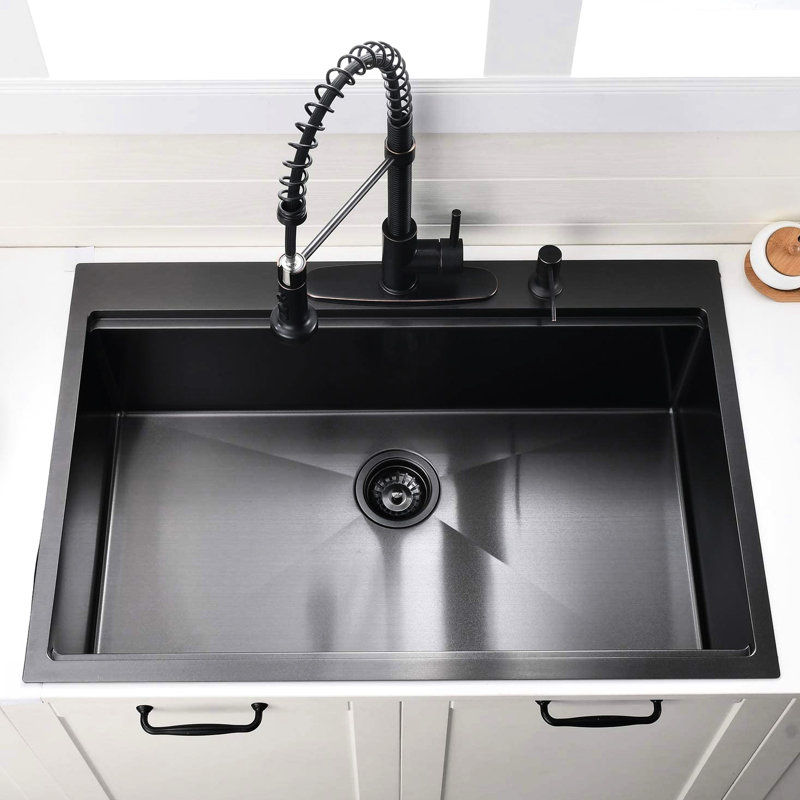 36Inch Black Stainless Steel Drop In Sink - 16 Gauge With Noise Reduction Padding And Large Capacity Kitchen Single Bowl Nano Coating Integrated Workstation