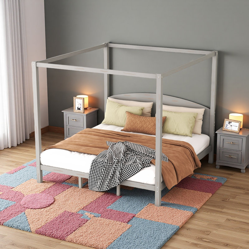 Très grand lit plateforme à baldaquin avec tête de lit et pieds de support, Gris lessivé