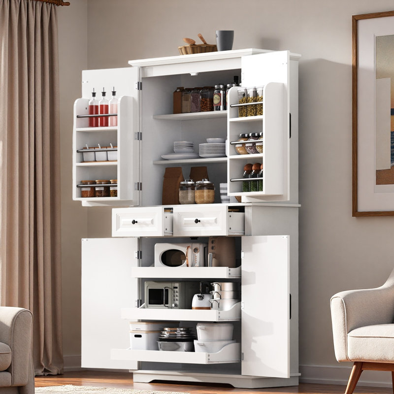 Grand garde-manger avec 3 armoires coulissantes, 6 portes et 2 tiroirs, White