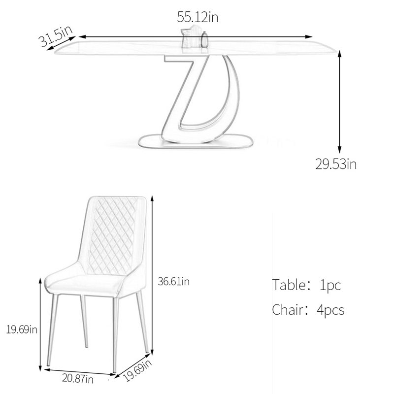 Ensemble de table de salle à manger haut de gamme en pierre frittée, 5, H 29,53 po x L 55,12 po x l 31,5 po