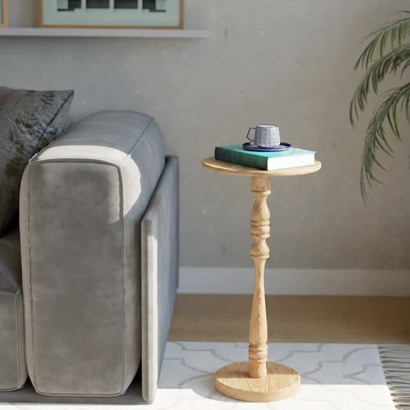 Modern Solid Wood Round Drink Table with Turned Pedestal Base, Natural Finish, Natural