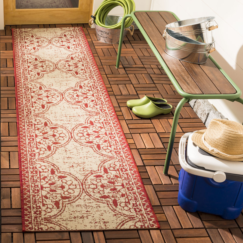 Tapis intérieur / extérieur rouge / crème Danya, Rectangle 2 pi 2 po x 4 pi