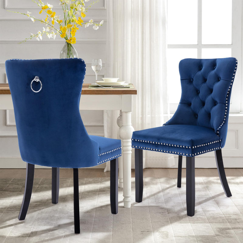 Chaise de salle à manger en velours avec anneau à dossier et pieds en bois massif, Noir, Bleu, 2
