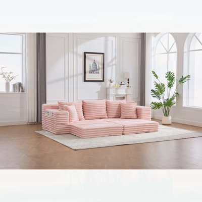 Oversized Boneless Four Seats Sofa with Cup Holder and Side Pockets, Upholstered Corduroy Sofa Bed Cloud Couch with 3 Pillows, 2 Lumbar Pillows for Living Room, Bedroom, No Assembly, Breathable Material