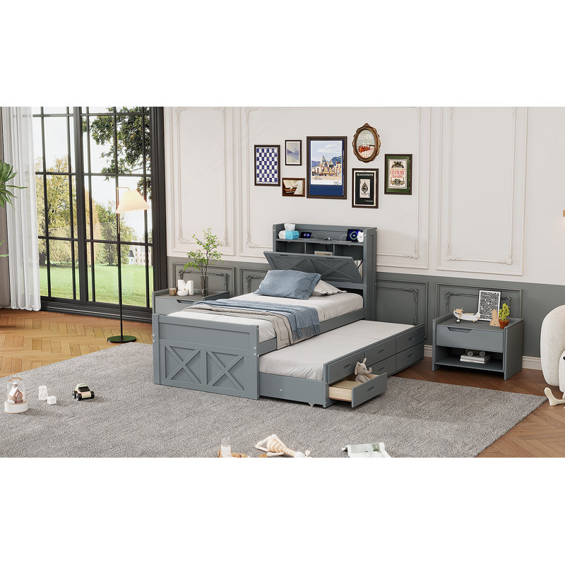 Lit simple en bois extensible avec tête de lit et prises de rangement, lit gigogne pour un sommeil confortable et peu encombrant