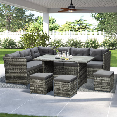 Red Barrel Studio® 7 Pieces Patio Furniture Set, Outdoor Sectional Conversation Sofa Set Wicker Rattan Couch With Dining Table And Ottomans Grey