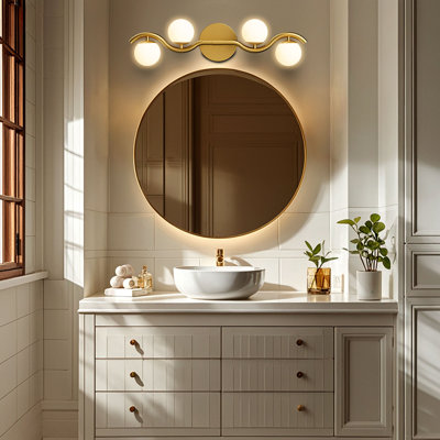 4-Light Bathroom Light Fixtures, 27" Modern Vanity Light with White Globe Water/Shatterproof Shades/S-Frame, Rust-Proof Bathroom Wall Lamp for Mirror Living Room Kitchen Cabinet Hallway