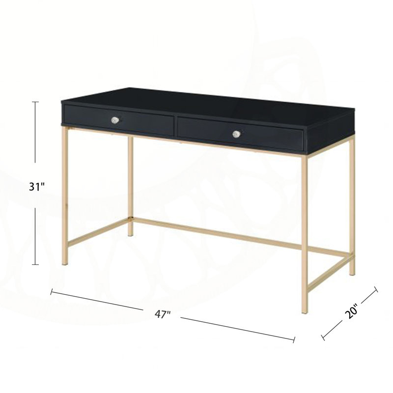 Rectangle rectangulaire avec 2 tiroirs, noir brillant et doré, parfait pour les bureaux à domicile modernes et les petits espaces.