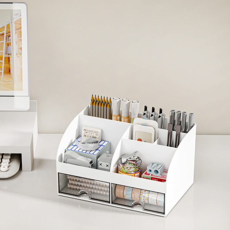 Organisateur de bureau et accessoires avec 6 compartiments et 2 tiroirs, organisateur de maquillage en plastique, porte-stylo