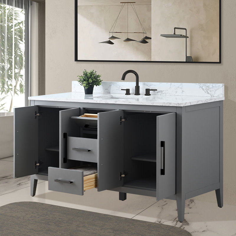 Chambery 60" Single Sink Bathroom Vanity with Engineered Marble Top, Cashmere Gray, Matte Black