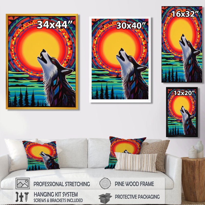 Loup hurlant à la pleine lune, Toile avec cadre flottant noir, H 32 po x l 16 po x P 1 po