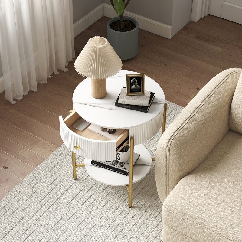 Woodville Side Table with Storage, Gold, Calacatta White