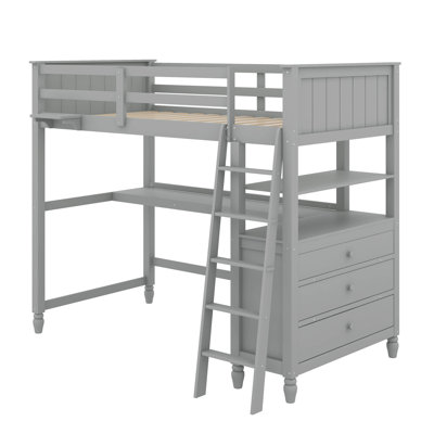 Lit mezzanine simple avec bureau et tiroirs, lit mezzanine en bois avec tablettes