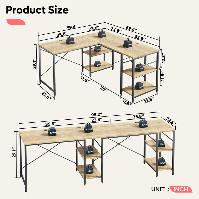 Nedyo 95.2" L-Shaped Desk with Shelves, Reversible Corner