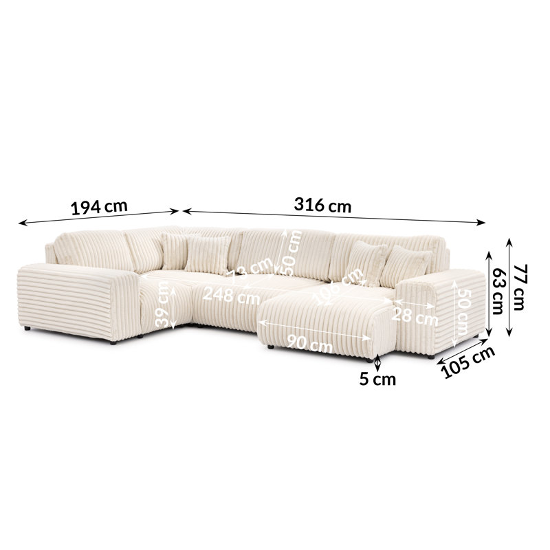 Mollis 6 Seater Corduroy Corner Sofa , Light Beige