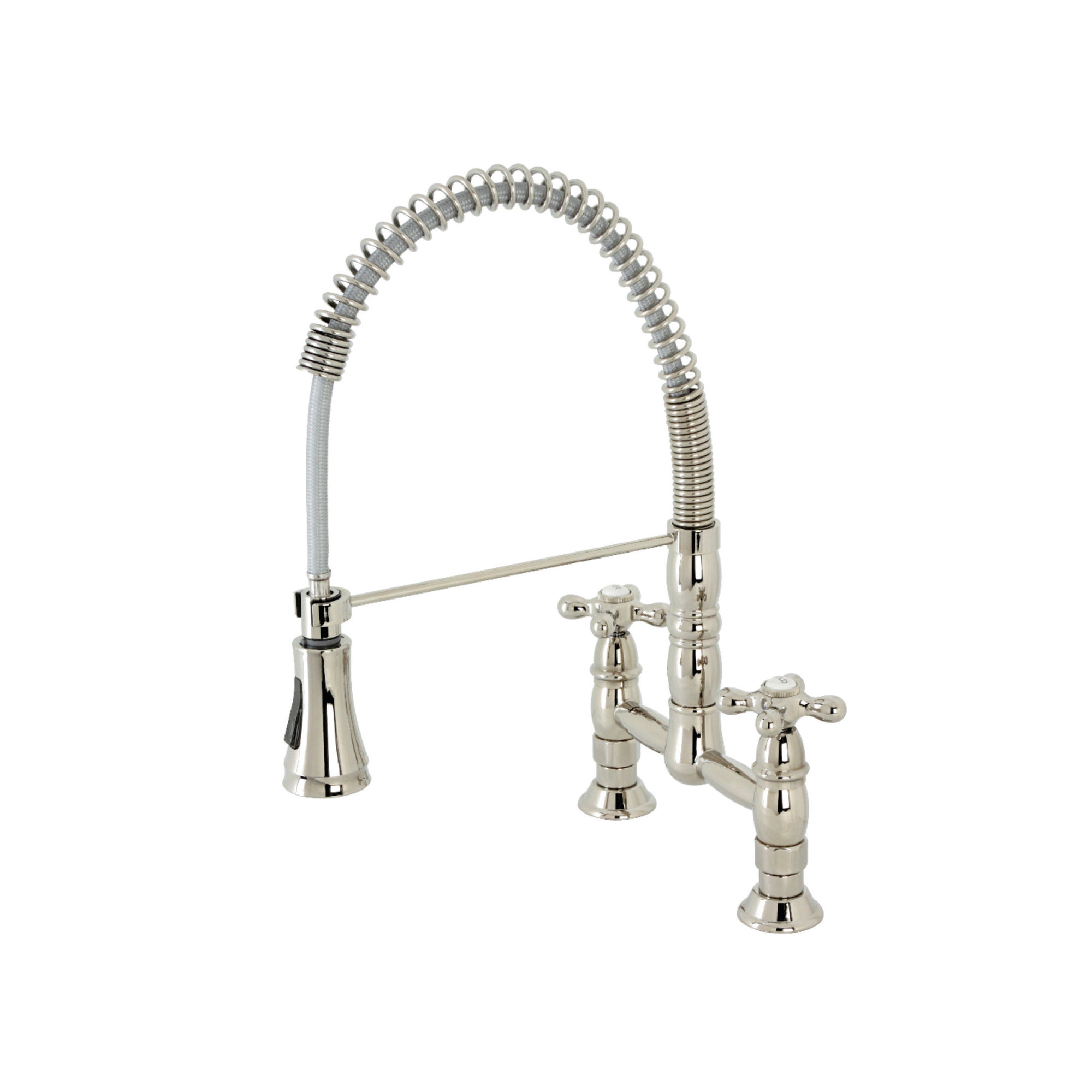 Kingston Brass Heritage Double-Handle 2-Hole Deck-Mount Pre-Rinse Bridge Kitchen Faucet, Polished Nickel