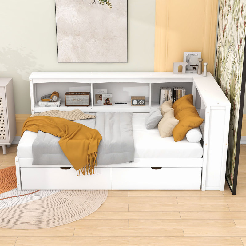 Lit de jour simple avec 2 tiroirs et armoires de rangement et ports USB, Blanc / Blanc