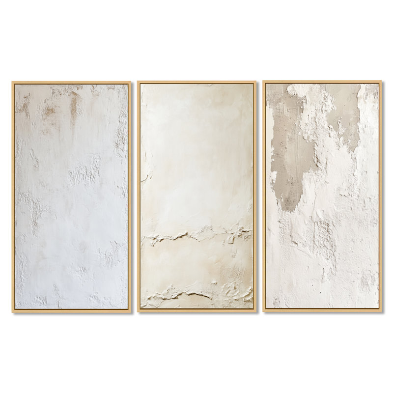Décoration murale 3 pièces en plâtre doux I - Sable abstrait minimalisme, 32" H x 48" W, Natural Wood Floater Framed