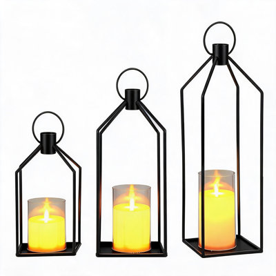 Ensemble de 3 lanternes décoratives modernes en métal noir avec flammes scintillantes sans flamme avec minuterie 6H et 12/15 / 19 pouces