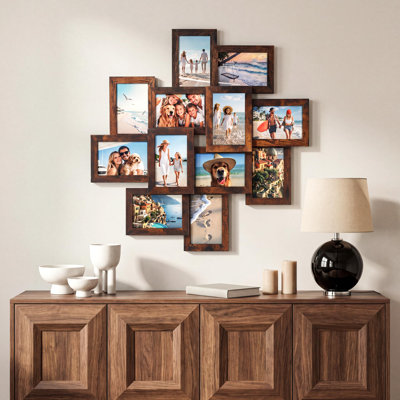 Cadre photo mural collage, 12 ouvertures, grille diamant 3,7 x 5,7 pouces, structure en MDF avec façade en verre, fixation murale pour un changement de photos facile.
