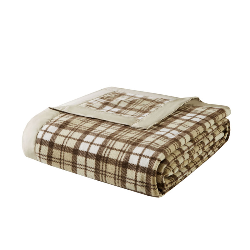 Couverture légère brossée avec bordure en satin Gracie Mills Lenora, Très grand, Tissu écossais brun clair