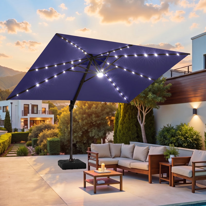 Parasol en porte-à-faux à lumière solaire 11 pi x 9 pi avec base lestée pour patio, Navy Blue