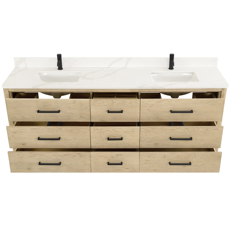 Ensemble de meuble-lavabo double 84 "avec miroir Porto, Chêne naturel, Noir mat