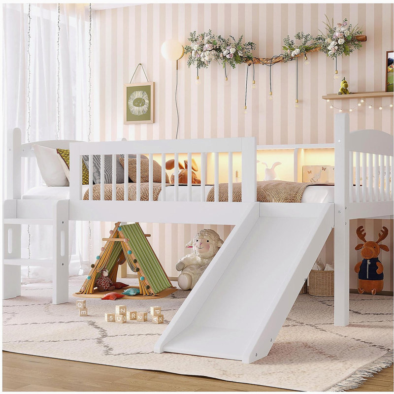 Lit mezzanine simple avec tablettes de rangement, lit mezzanine inférieur en bois massif avec lumières DEL et garde-corps pleine longueur, sans sommier tapissier, blanc