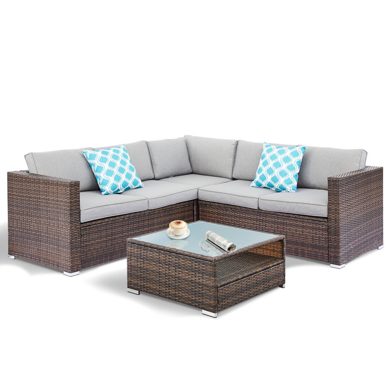 Fardin 5-Person Patio Wicker Sectional Seating Group with Cushions, Gray