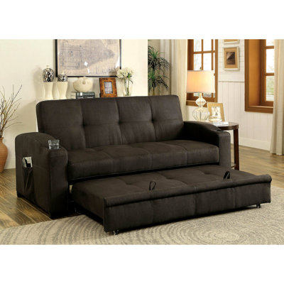 Futon transitionnel à 2 places avec bouton brun foncé et porte-gobelets intégrés pour un style relaxant, des supports et une finition en tissu qui se transforme en base de lit escamotable