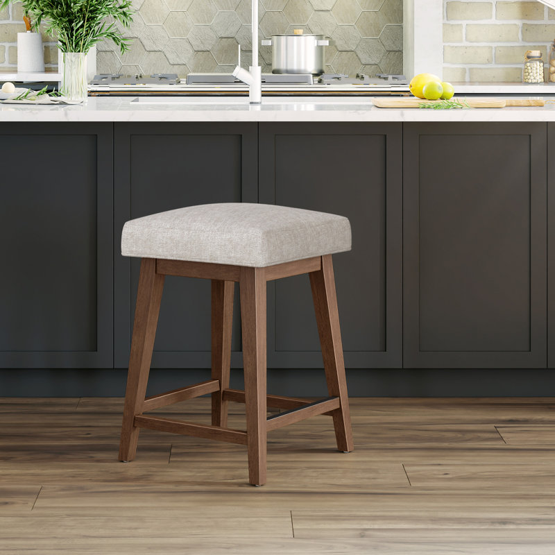 Dorreen Wood And Upholstered Square Backless Adjustable Height Swivel Stool, Oatmeal, Medium Brown