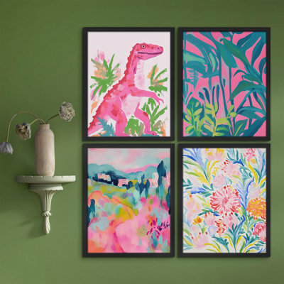 " Playful Dinosaur And Abstract Nature Preppy Room Decor Pink Decor Digital Modern Art Decor " 4 - Pieces