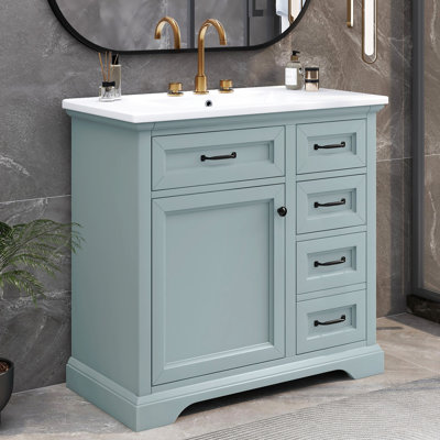 Meuble-lavabo de salle de bain 36 po avec lavabo gris en céramique, 4 portes à charnière silencieuse