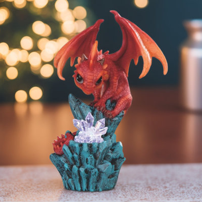 Figurine mignonne dragon rouge sur roches 7,5 "H