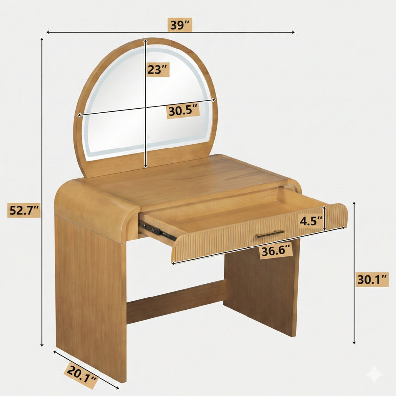 39-Inch Makeup Vanity Table With A Touch Screen Lighted Mirror. A Dressing Table With A Drawer For Bedroom Use, In A Natural Finish.