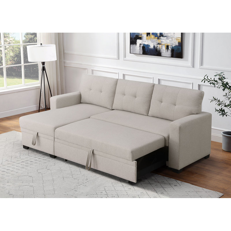 3-Piece Pull-Out Sofa Bed With Reversible Storage Chaise, Beige