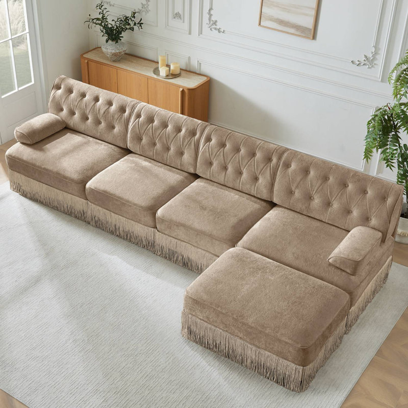 Canapé modulaire en L avec repose-pieds Chesterfield, Chameau