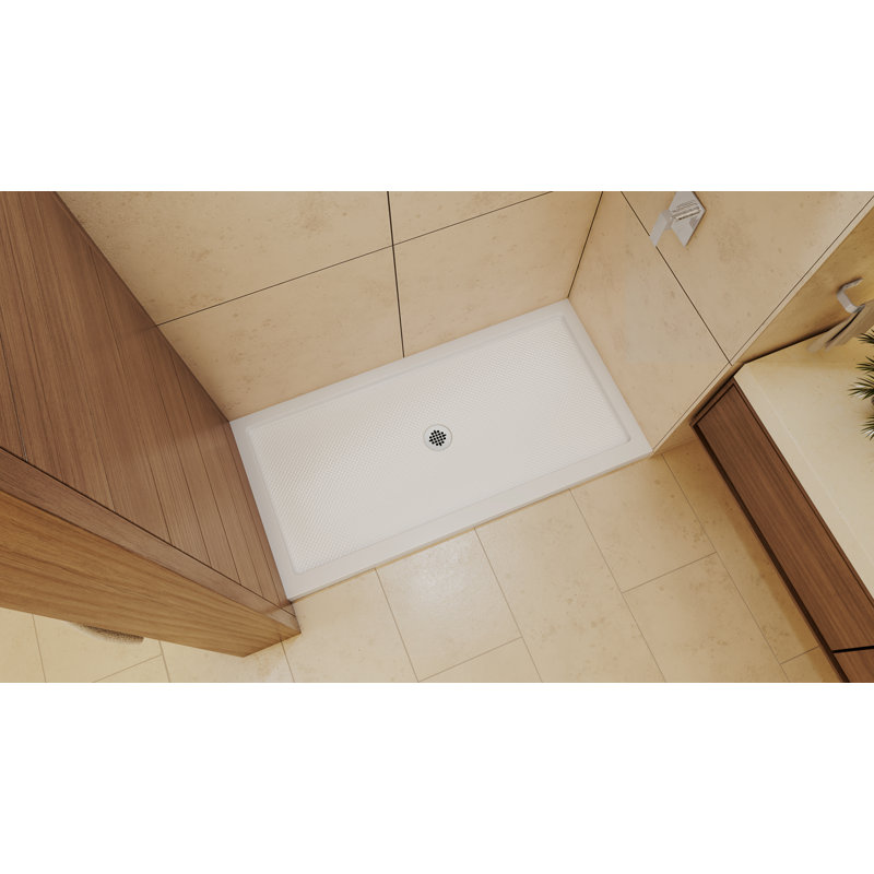 DreamLine SlimLine 30 inch D x 60 inch W x 2 3/4 inch H Single Threshold White Alcove Shower Base with 2 inch Chrome Center Round Drain