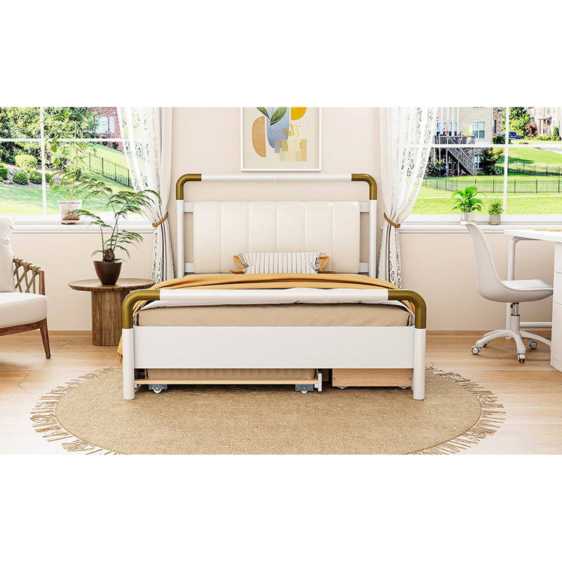 Grand lit plateforme blanc avec 2 grands tiroirs et un lit gigogne pour un espace de vie confortable et élégant, Blanc