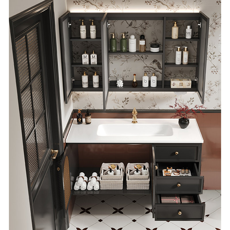 Meuble-lavabo français rétro en bois d'hévéa avec lavabo en céramique et portes en rotin