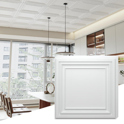 Carreaux de plafond à abattant blanc 24 x 24 po LOoyee 24 pièces 2 x 2 pi Panneaux de plafond lisses en PVC - Résistant au feu et à l'eau pour prévenir les bris - Couvercle de 96 pieds carrés