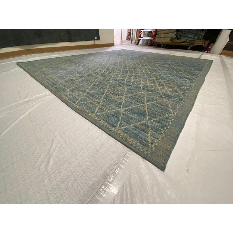 Tapis unique noué à la main bleu / ivoire 8 pi 4 po x 9 pi 7 po