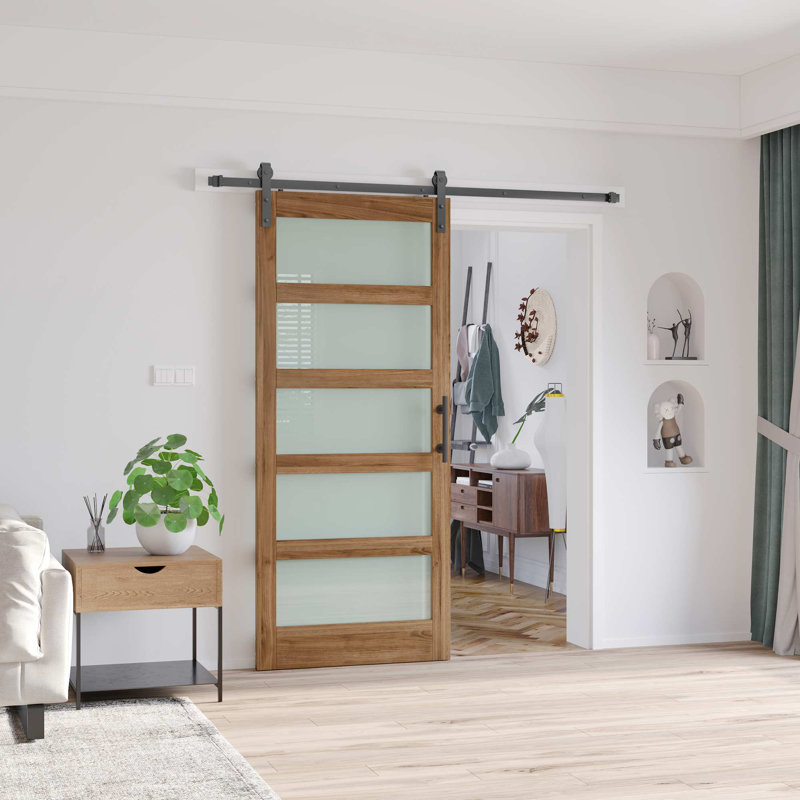 Brown Glass Manufactured Wood Barn Door with Installation Hardware Kit, 36" x 84"