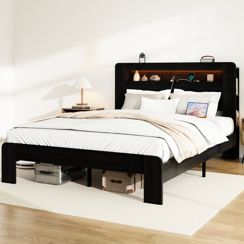 Structure de lit double, métal noir foncé et bois avec tête de lit avec rangement, 2 ports, bruit, pas de sommier, assemblage facile sous la structure, plateforme