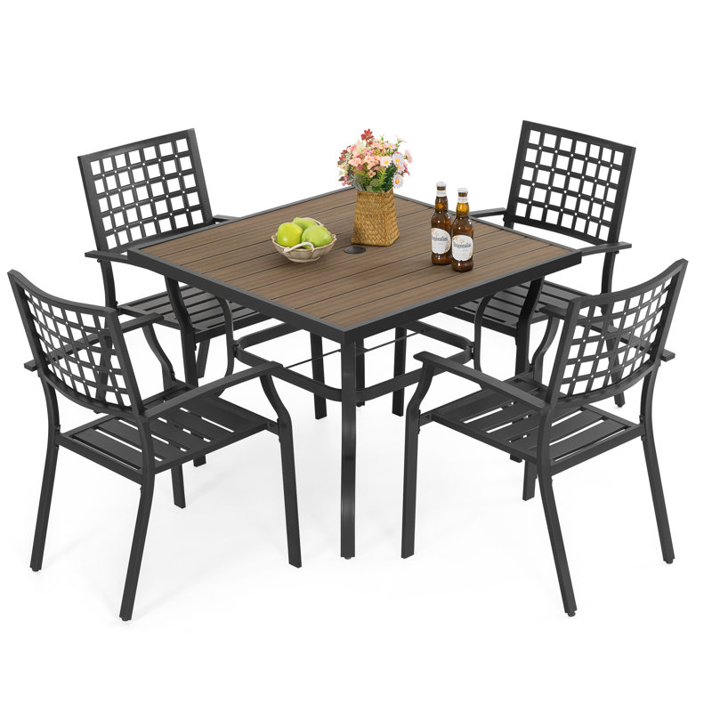 5-Piece Patio Outdoor  Metal Dining Set with Umbrella Hole and Faux Wood Tabletop
