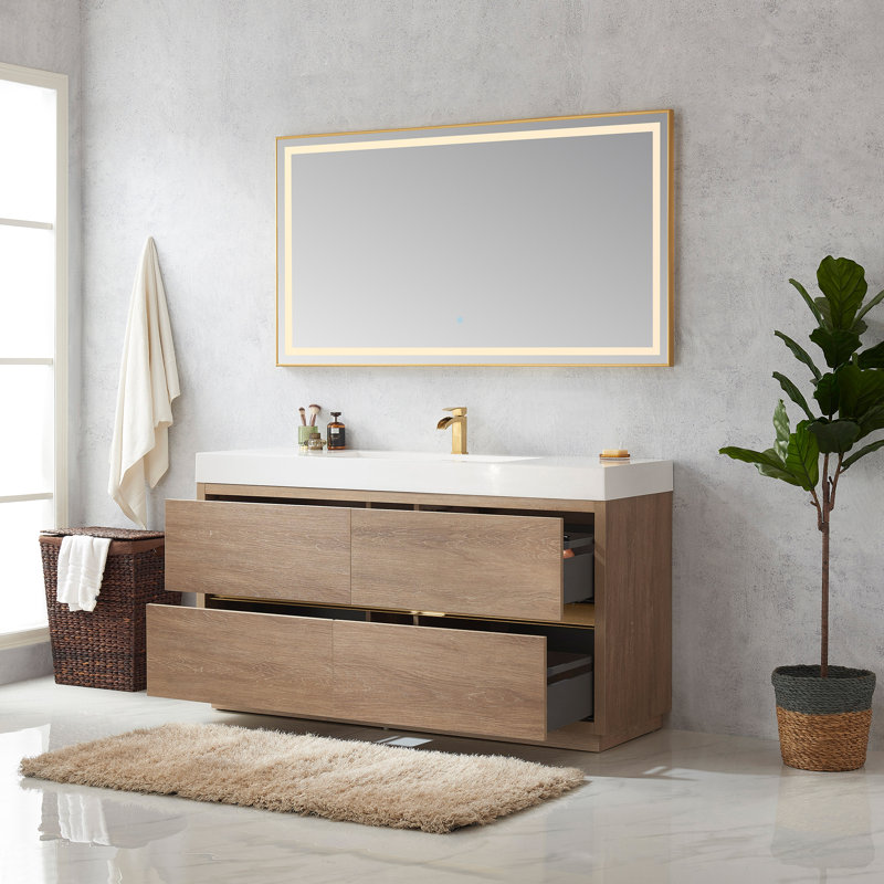 Ensemble de meuble-lavabo simple 60 po avec miroir Huesca, Chêne nord-américain, Blanc
