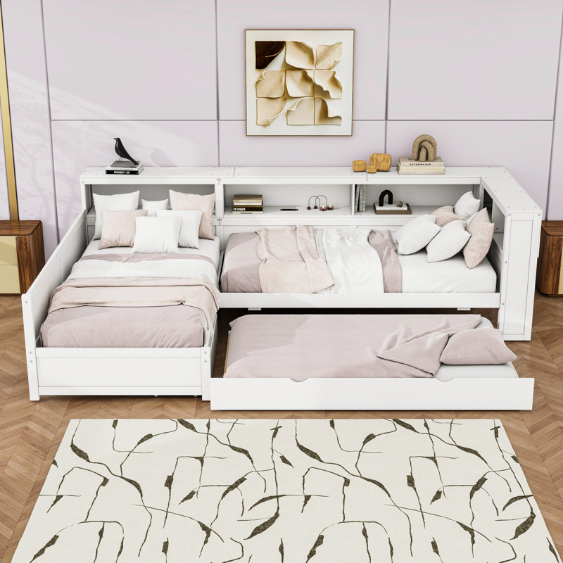 Lit plateforme simple en bois avec tablettes, tiroir, lit gigogne et station de charge, Blanc