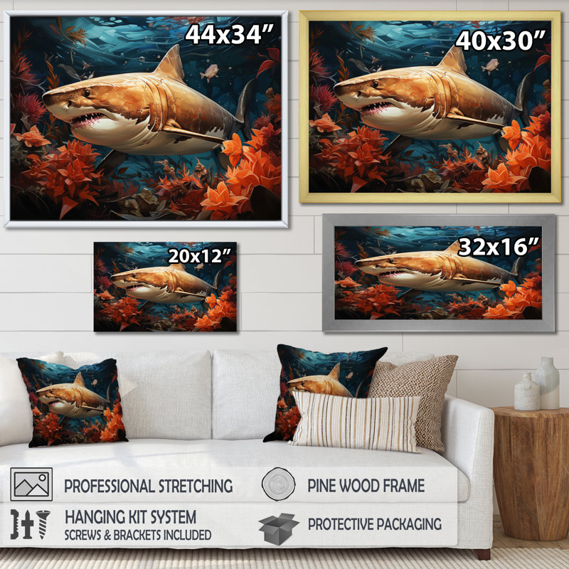 " Grey Orange Shark Underwater Symphony ", 24" H x 32" W, Black Picture Framed