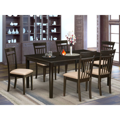 Ensemble de table de salle à manger 7 pièces moderne composé d'une table rectangulaire en bois avec piédestal et de 6 chaises de salle à manger en lin